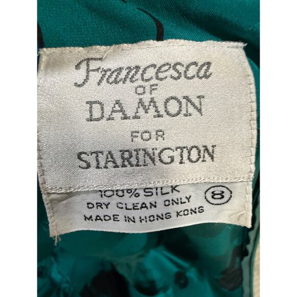 Silk Teal Green Drape Tie Floral Dress Vtg 80's Francesca Damon Starington Sz 8 - Picture 7 of 9